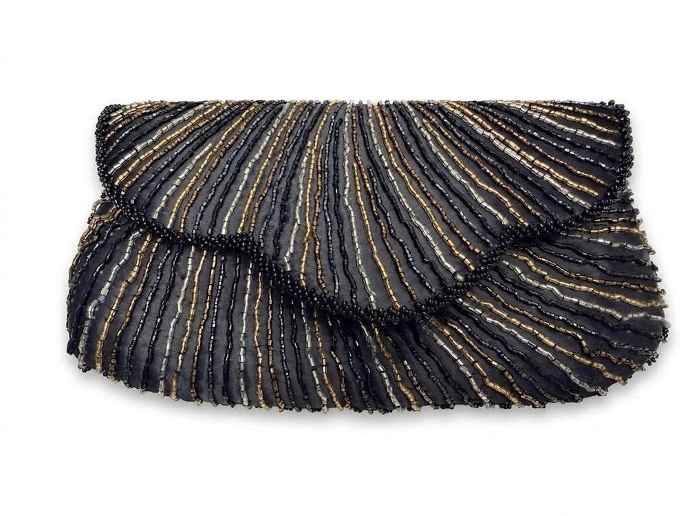 Vintage La Regale Beaded Clutch | Gold Silver Black Wave Bead Evening Bag